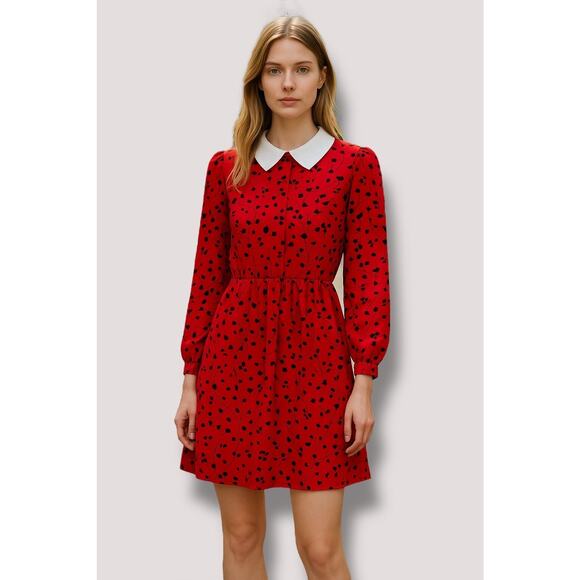 Vintage 70s White Collar Red Chiffon Black Floral Dress W Belt Size 8 or S/M - Picture 2 of 15